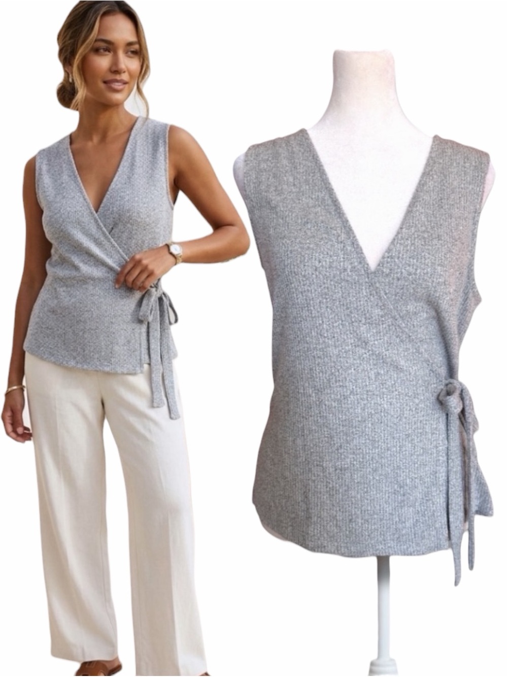 Gap Softspun Sleeveless Ribbed Wrap Top Medium Gray NWT V-Neck Tie Waist Medium